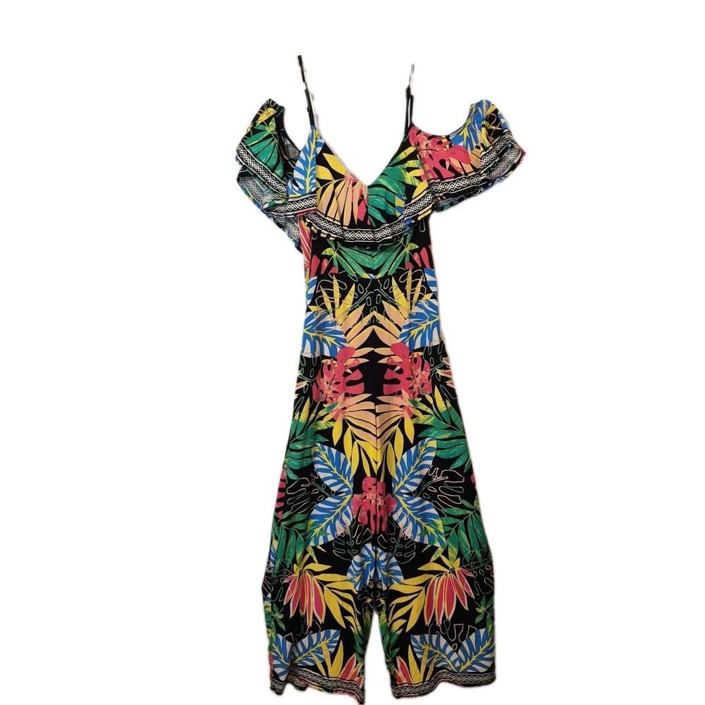 Flying Tomato Tropical Leaf Cold Shoulder Ruffle Jumpsuit Wide Leg Boho Size S
